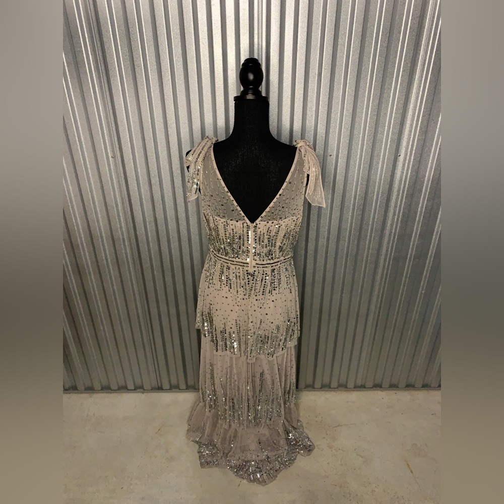 Women’s Gianni Bini Cream Silver Polyester Beaded Luxury Long Prom Dress Size 12 - Picture 2 of 4